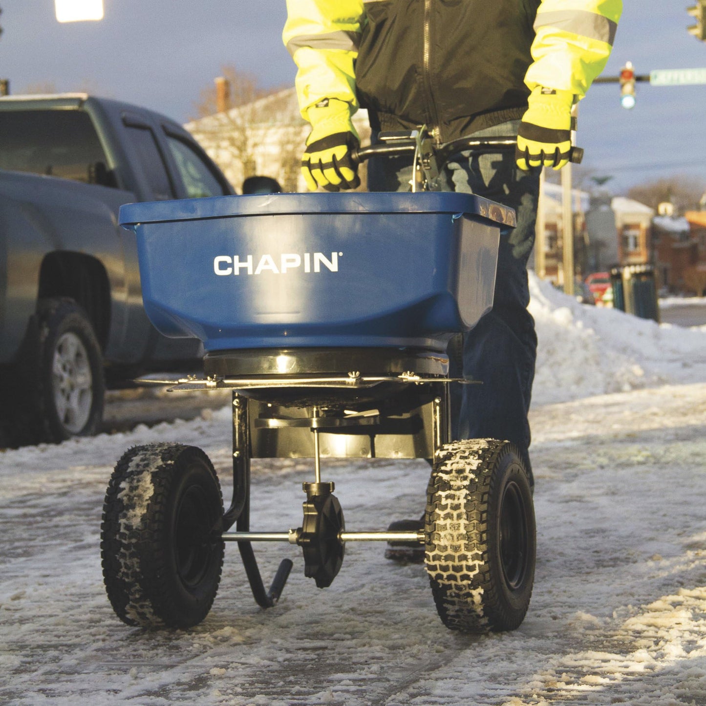 Chapin 82088 82088B 80-Pound Made in USA Commercial Sure Spread Ice Melt Walk Behind Spreader with 360-degree Baffles, Enclosed Gear System and includes Cover and Salt Grate, Blue