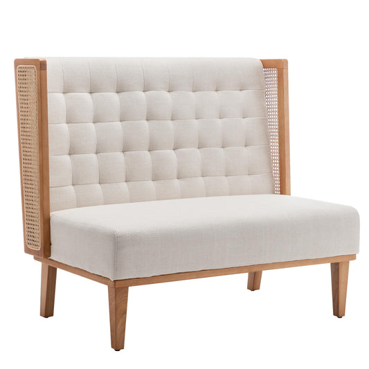 Andeworld Loveseat Settee Bench with Rattan Arms, Upholstered Modern Mini High-Back Sofa Couch,Banquette Dining Bench for Living Dining Room Bedroom Office Small Space Entryway，Beige