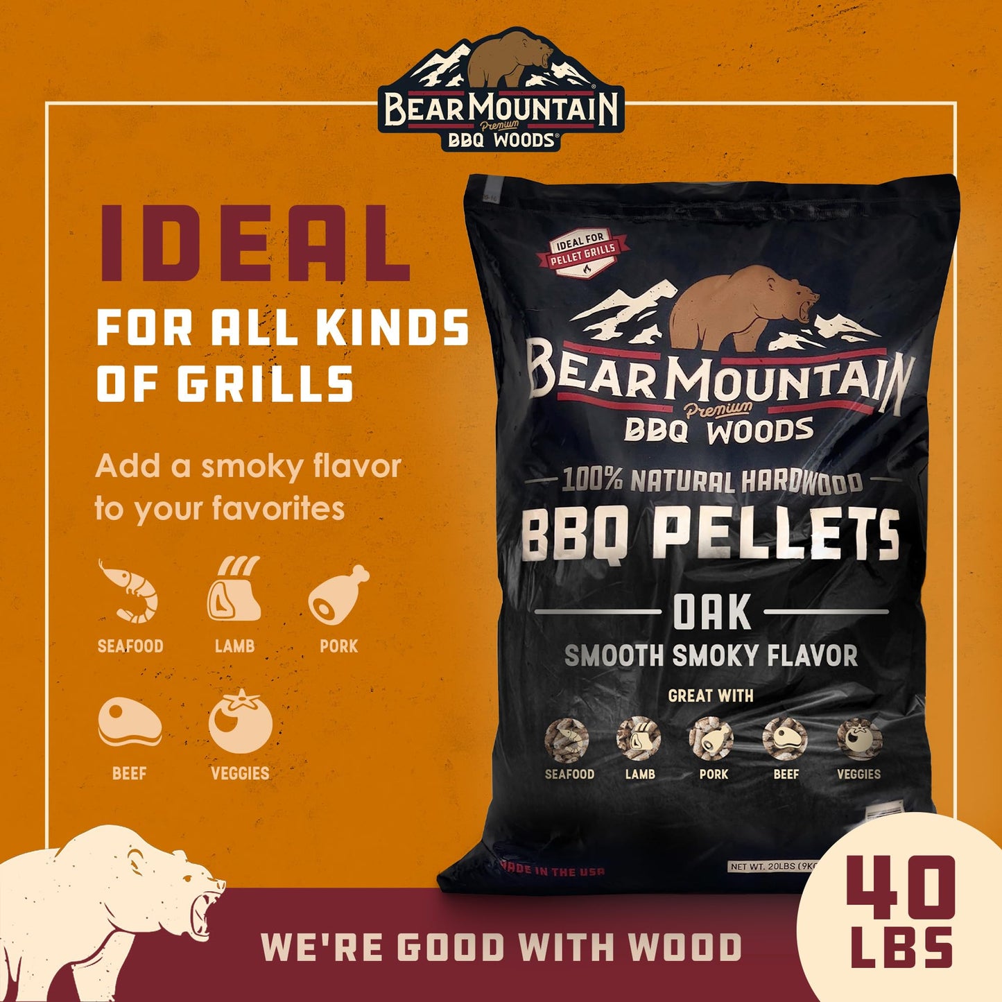 Bear Mountain BBQ Premium All Natural Earthy and Bold Oak Wood Smoker Pellets for Smoker Grill, Outdoor Gas, Charcoal, and Electric Grill, Black