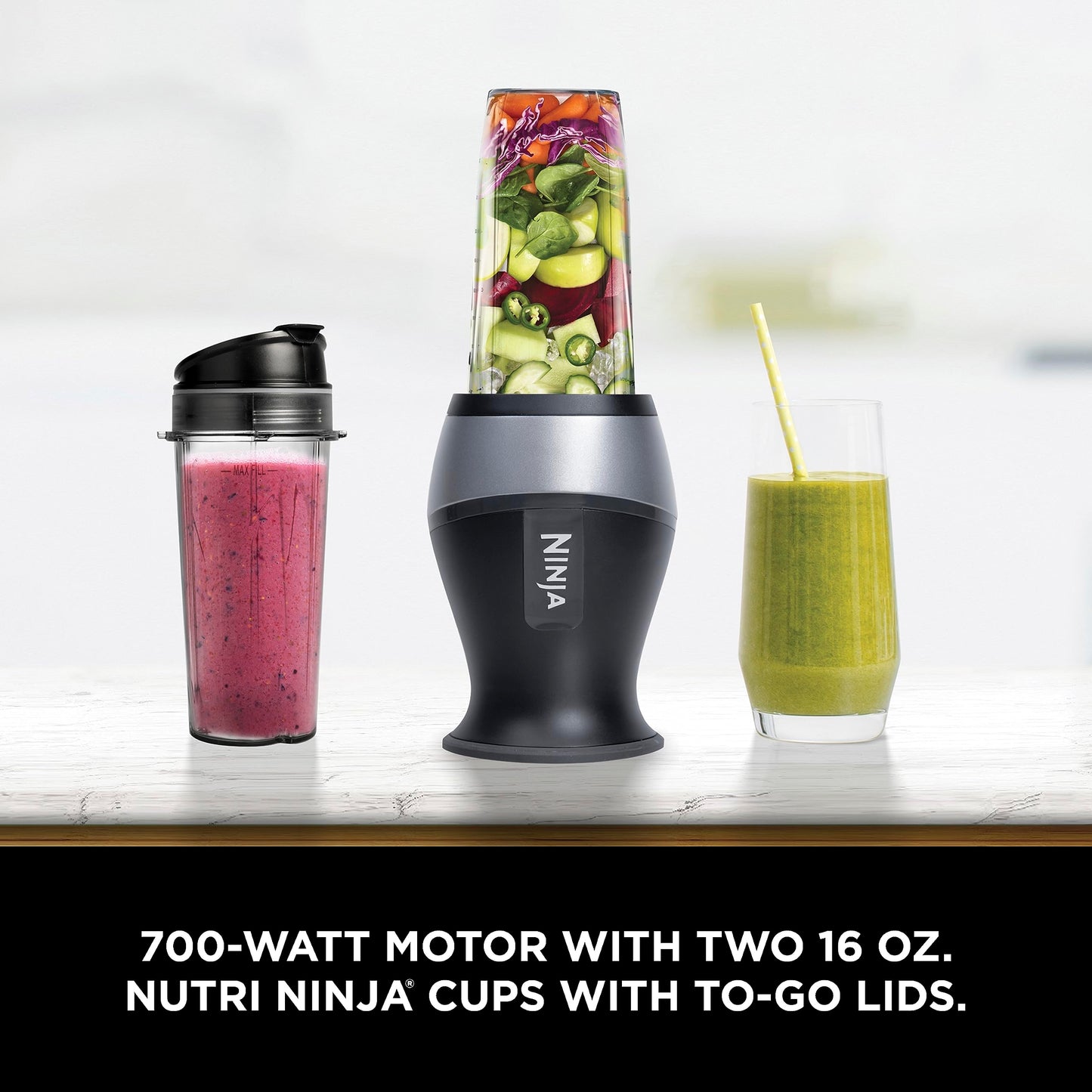 Ninja Fit Compact Personal Blender, Portable Blender for-Smoothies, Shakes, Food Prep, and Frozen Blending, 700-Watt Base, (2) 16-oz. Cups and Spout Lids, Black QB3001SS