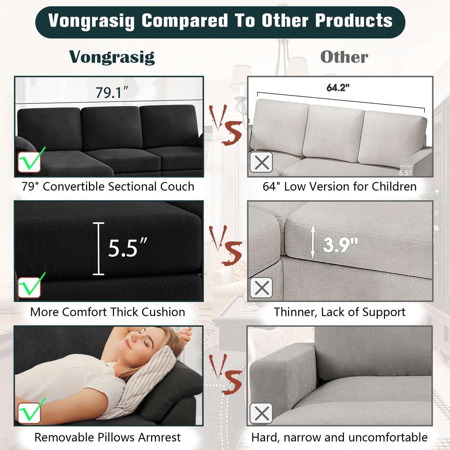 Vongrasig 79" Convertible Sectional Sofa Couch, 3 Seat L Shaped Sofa with Removable Pillows Linen Fabric Small Couch Mid Century for Living Room, Apartment and Office (Black)