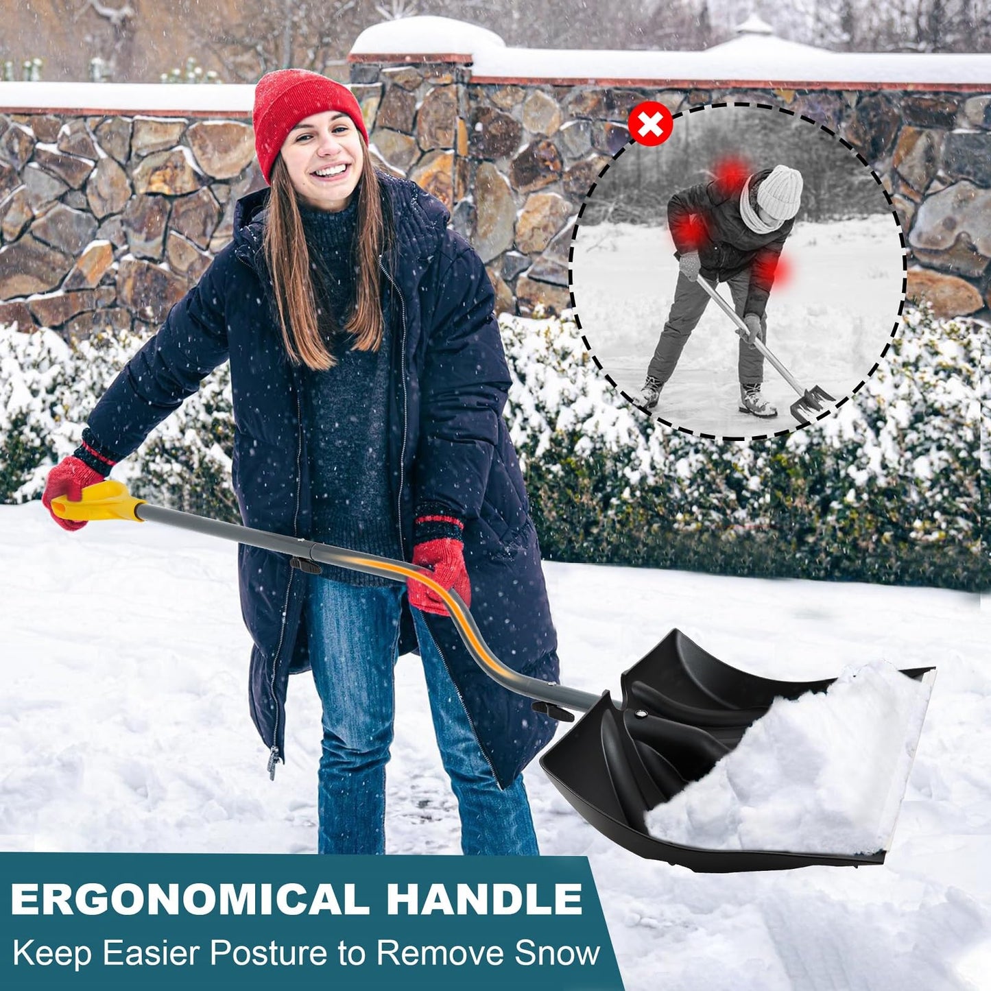 YEITSNOW Snow Shovel for Driveway 17-Inch Wide Ergonomic Heavy Duty Snow Removal Winter Tool 57” Long with Bent Handle Aluminum Edge Sharp Blade for Car Garage