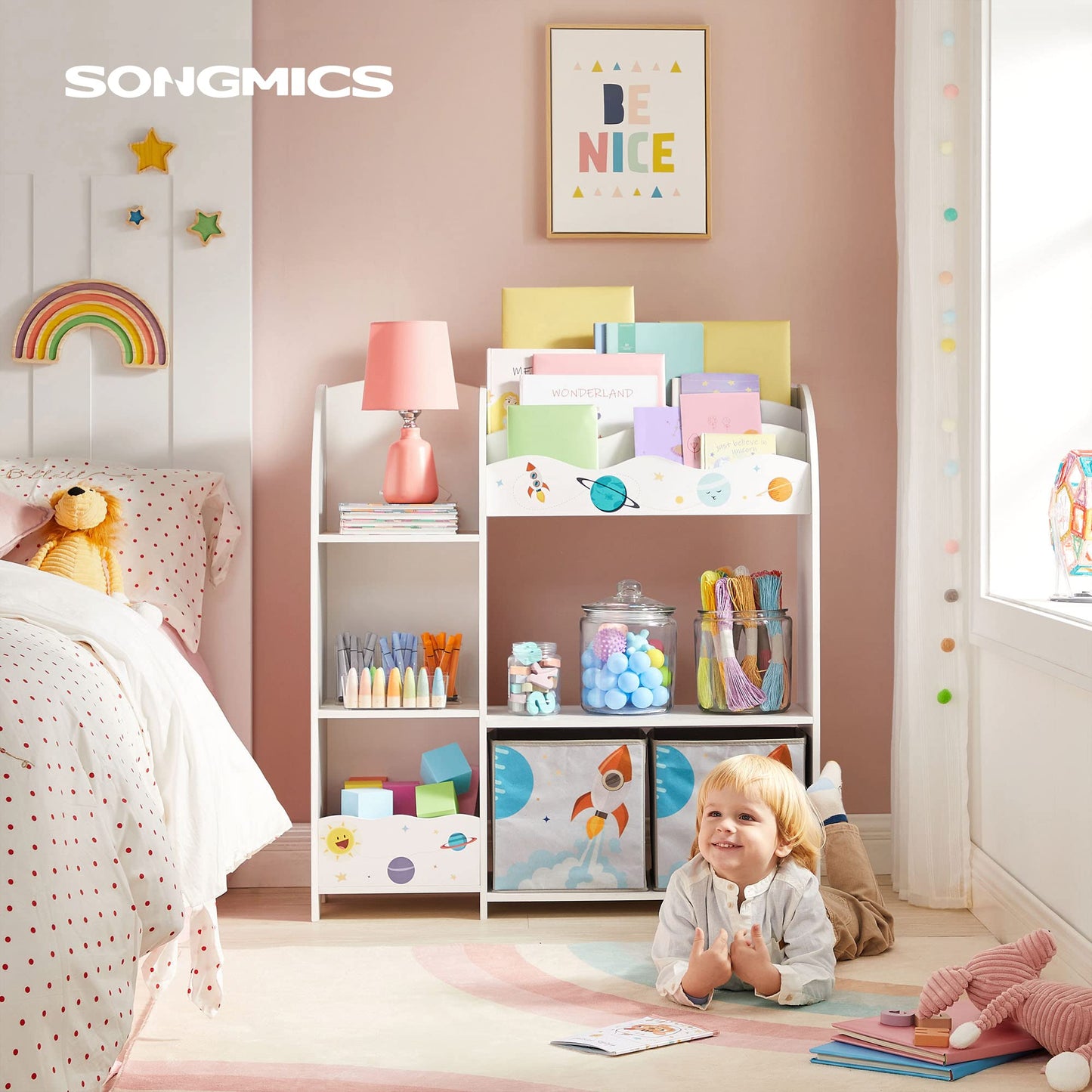 SONGMICS Toy and Book Organizer for Kids, Storage Unit with 2 Storage Boxes, for Playroom, Children’s Room, Living Room, White UGKR42WT, 93 x 30 x 100 centimeters