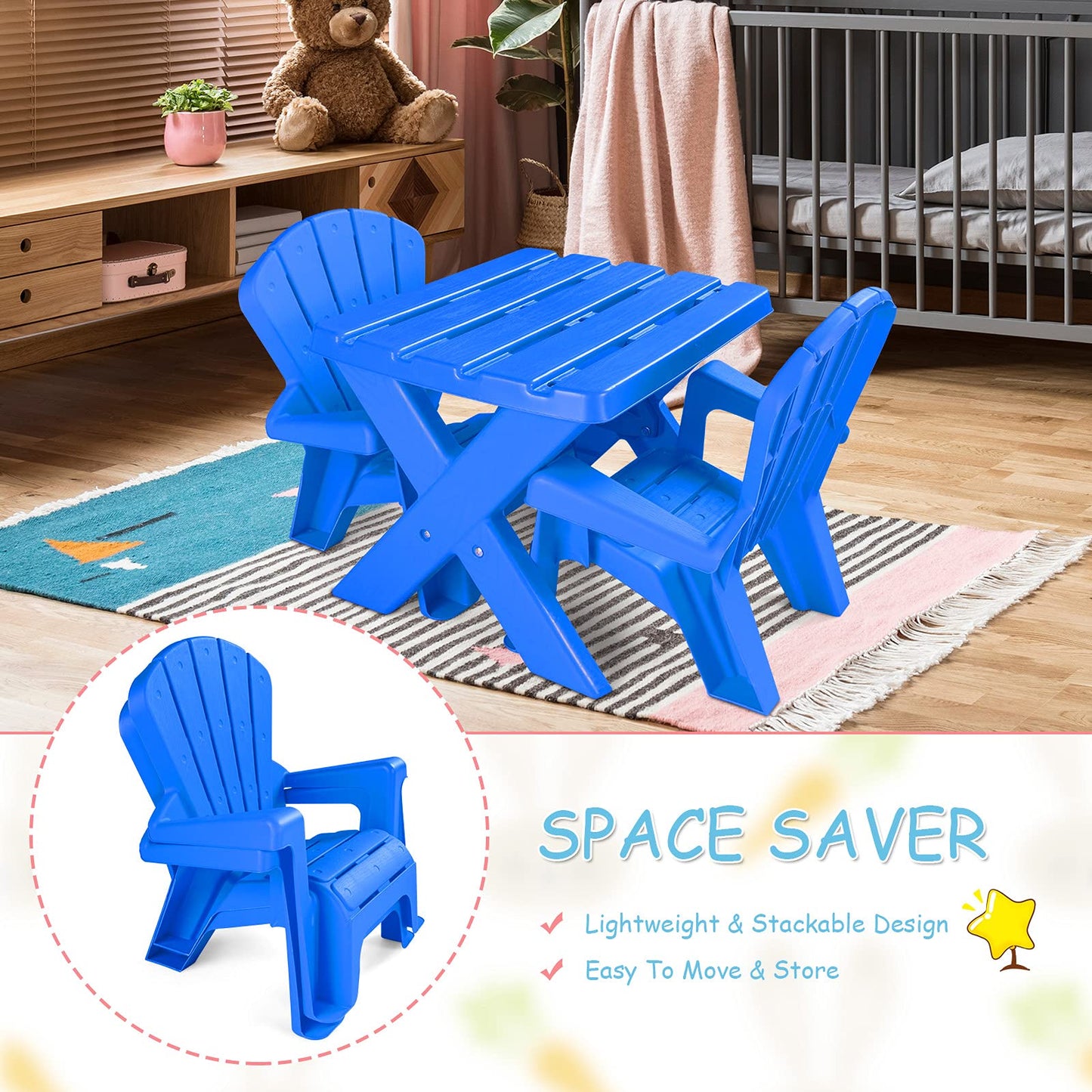 Costzon Kids Table and Chair Set, Outdoor Toddler Activity Table and Adirondack Chairs for Picnic, Garden, Patio, Backyard & Beach, Kids Outdoor Table and Chair Set (Blue)