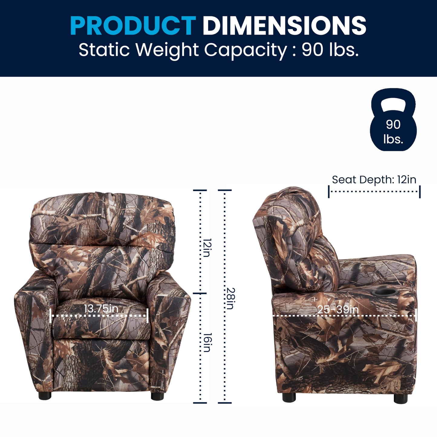 Flash Furniture Chandler Vinyl Kids Recliner with Cup Holder and Safety Recline, Contemporary Reclining Chair for Kids, Supports up to 90 lbs., Camouflage