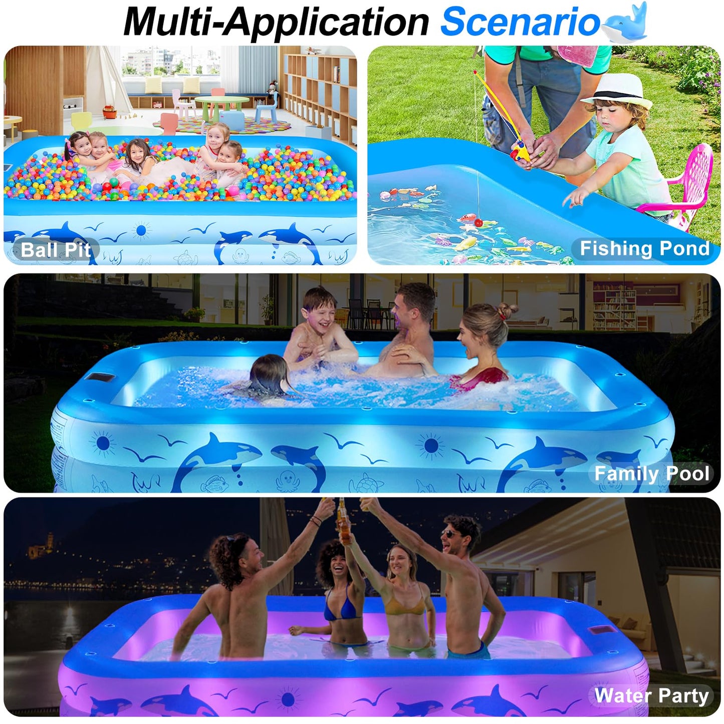 StarOcean Inflatable Pool with Lights,2024 Upgraded Family Inflatable Swimming Pool for Kids,Adults, BlowUp Pool Solar Powered,Large Kiddle Pool,106"x66"x26''Oversized Thickened Pool for Backyard-Blue