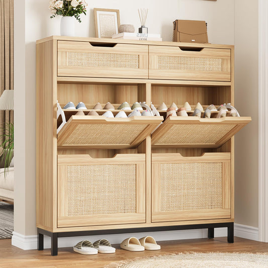 Rattan Shoe Cabinet Storage for Entryway Hidden Shoes Storage Cabinet Boho Narrow Shoe Organizer Cabinet with 4 Flip Drawers, Free Standing Wood Shoe Cabinet for Foyer, Hallway (Wood, 4 Flip Drawers)