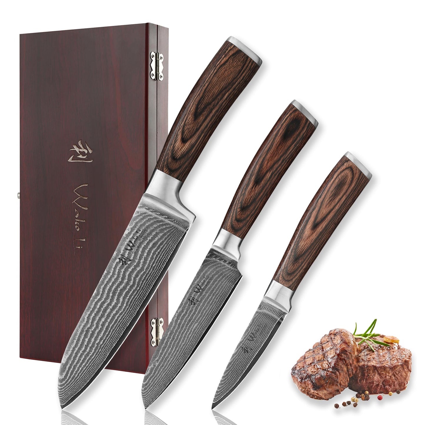 Wakoli Damascus Kitchen Knife Set, 3 Pieces Professional Chef Knife Set made from 67 Layers Damascus Steel with VG10 Core, Knives Set for Kitchen with Pakkawood Handles in Wooden Gift Box (EDIB 3-pcs)