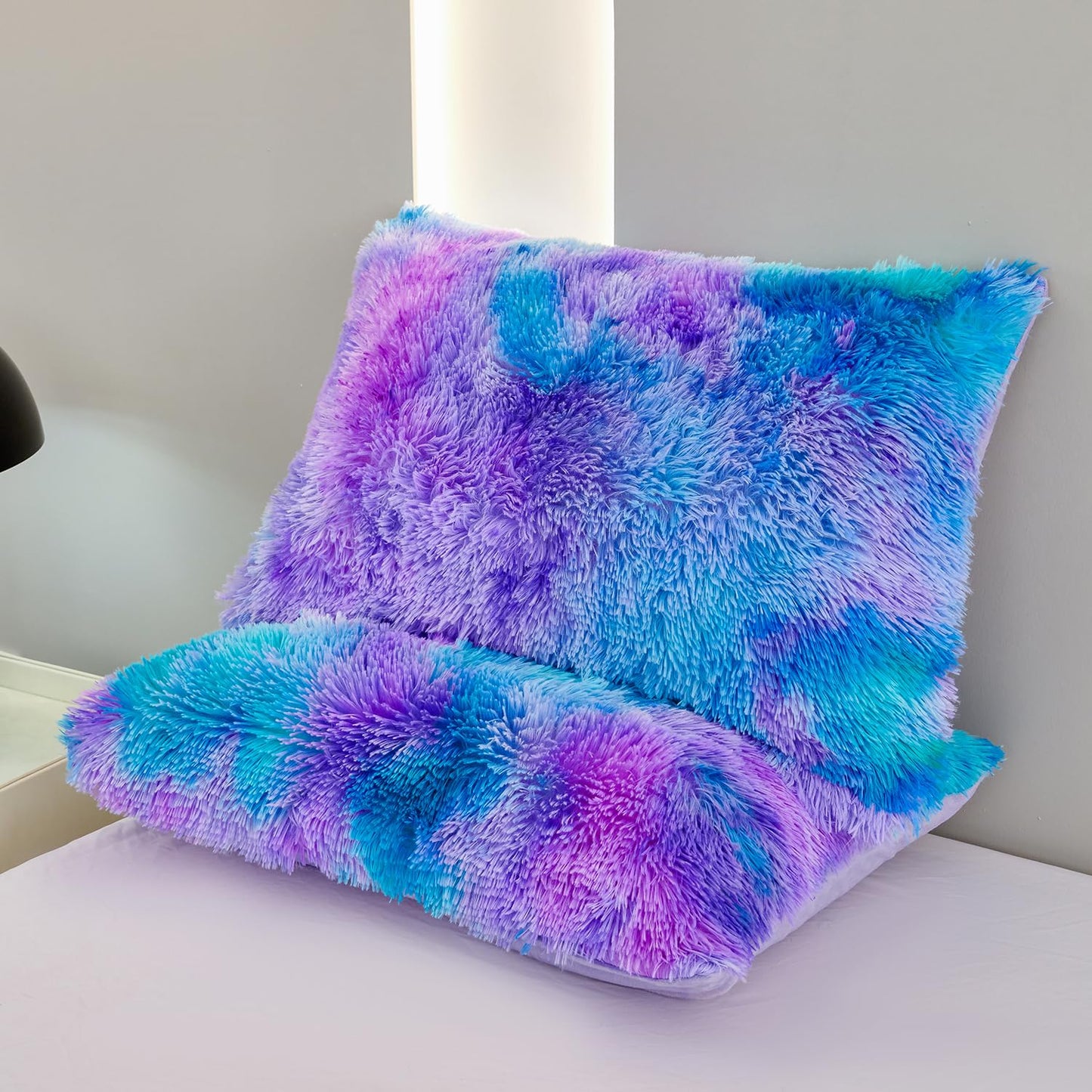 SUCSES Blue Purple Fluffy Twin Bedding Sets for Girls 3Pcs Faux Fur Plush Shaggy Kids Duvet Cover Set Twin Size Tie Dye Velvet Furry Comforter Cover Set (Blue Purple, Twin)