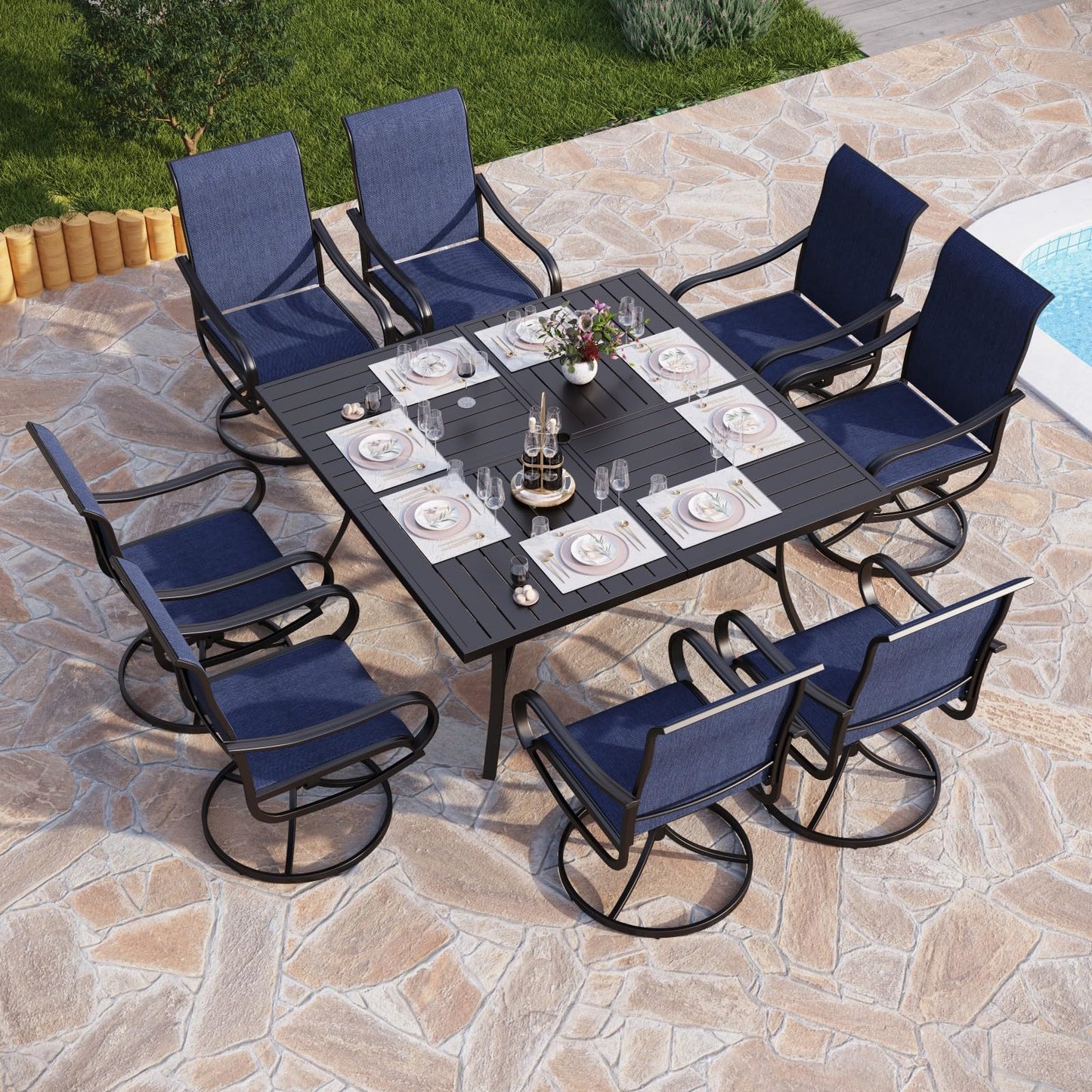 PHI VILLA 9 Piece Outdoor Patio Dining Set, Large Square Metal Dining Table and 8 Outdoor Swivel Dining Chairs, Patio Table and Blue Chair Furniture Dining Set for 8 Person