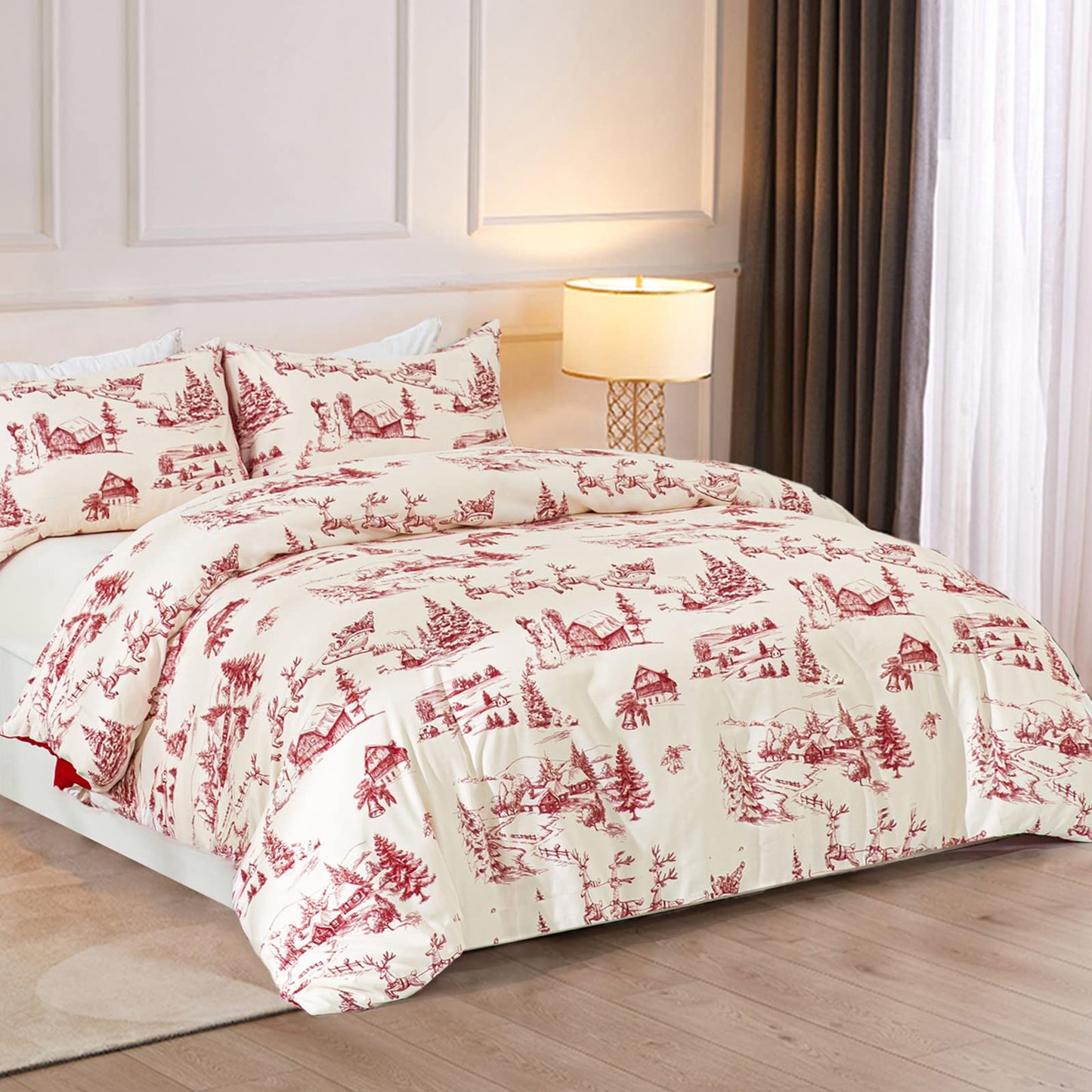 Yiran Red Christmas Duvet Cover Set with 2 Pillowcases,Cream Pink Christmas Deer Snowman Village Duvet Cover with Zipper Closure,Soft Microfiber Bedding Set Queen 90”×90”