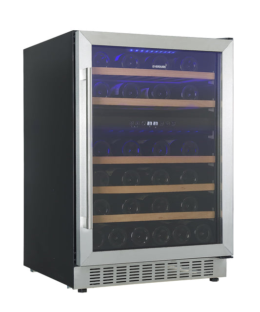 Everdure 46 Bottle Luxury Wine Cooler & Beverage Refrigerator, Built in or Free-Standing, Dual Zone, Stainless Steel with Reversible Glass Door, Beech Wood Shelves and LED Display Touchpad