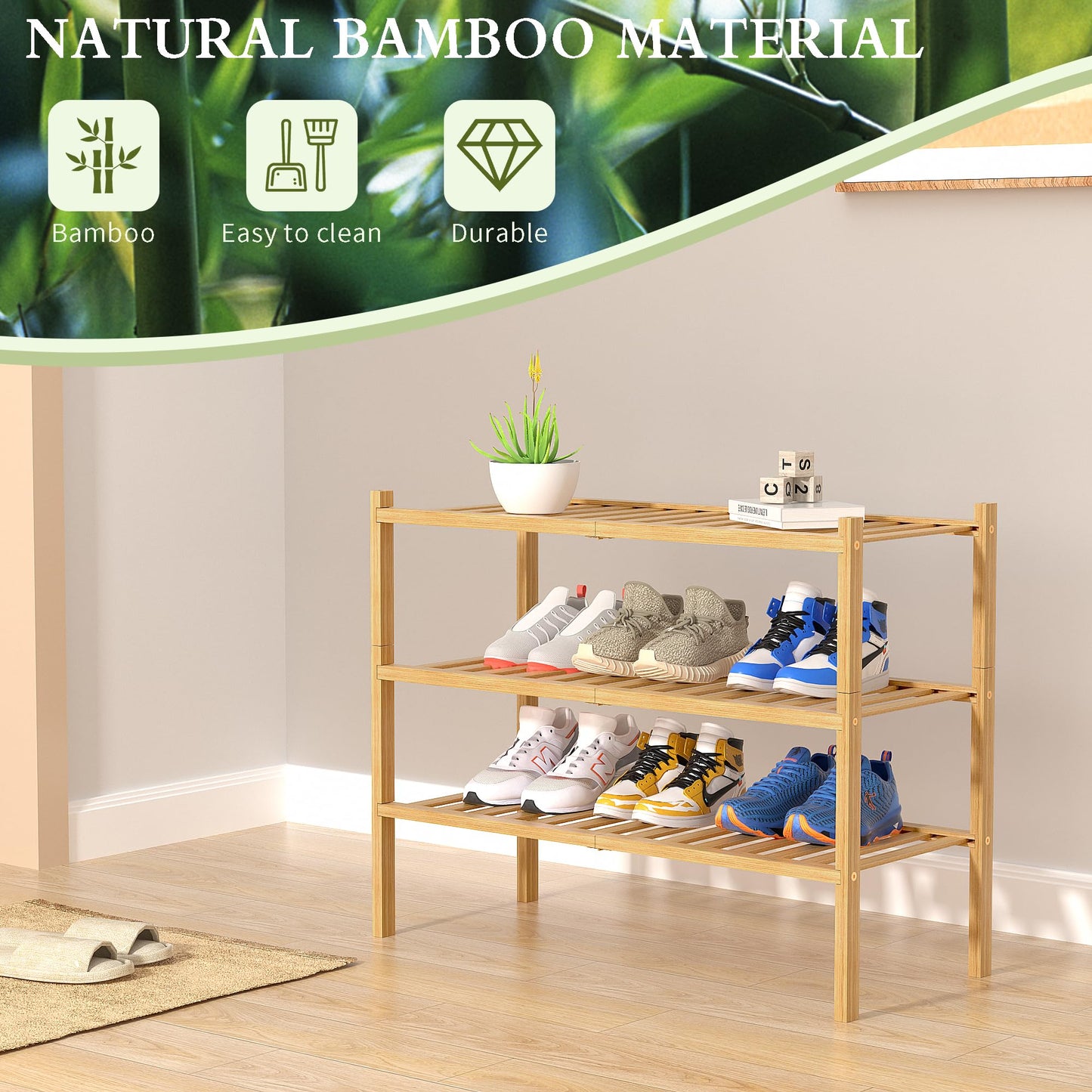 ROMGUAR CRAFT 3 Tier Bamboo Shoe Rack for Closet Free Standing Wood Shoe Shelf Storage Organizer for Entryway Small Space Stackable 27"x11"x20" (Natural)