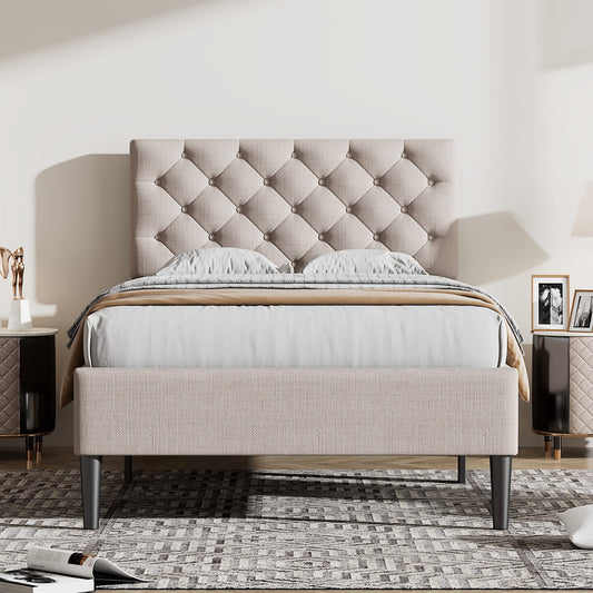 Merax Upholstered Linen Platform Bed,Modern Platform Bed, Twin Size, Beige