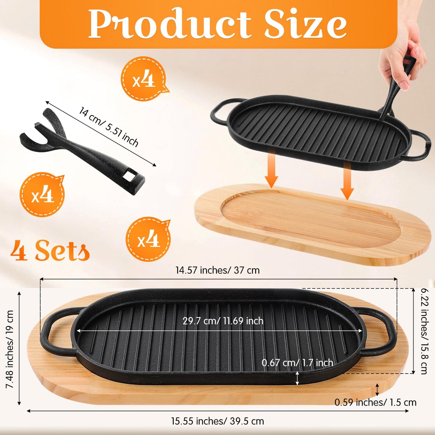 Yiyiring 4 Pcs Cast Iron Fajita Skillet Pan Set Sizzling Steak Plate with Wooden Base and Removable Handle Cast Iron Grill Frying Pan for Home Restaurant Kitchen Cooking (12 x 6.3 Inch)