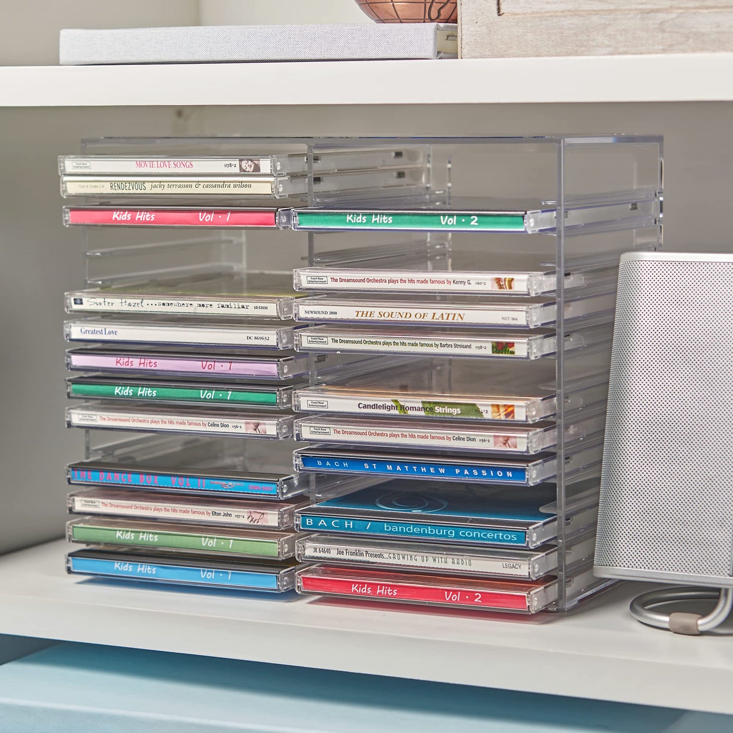 STORi Stackable Clear Plastic CD Organizer with Rubber Feet | Rectangular Jewel Cases Holder Perfect for Theatre Room | Holds up to 30 CD Cases | Made in USA