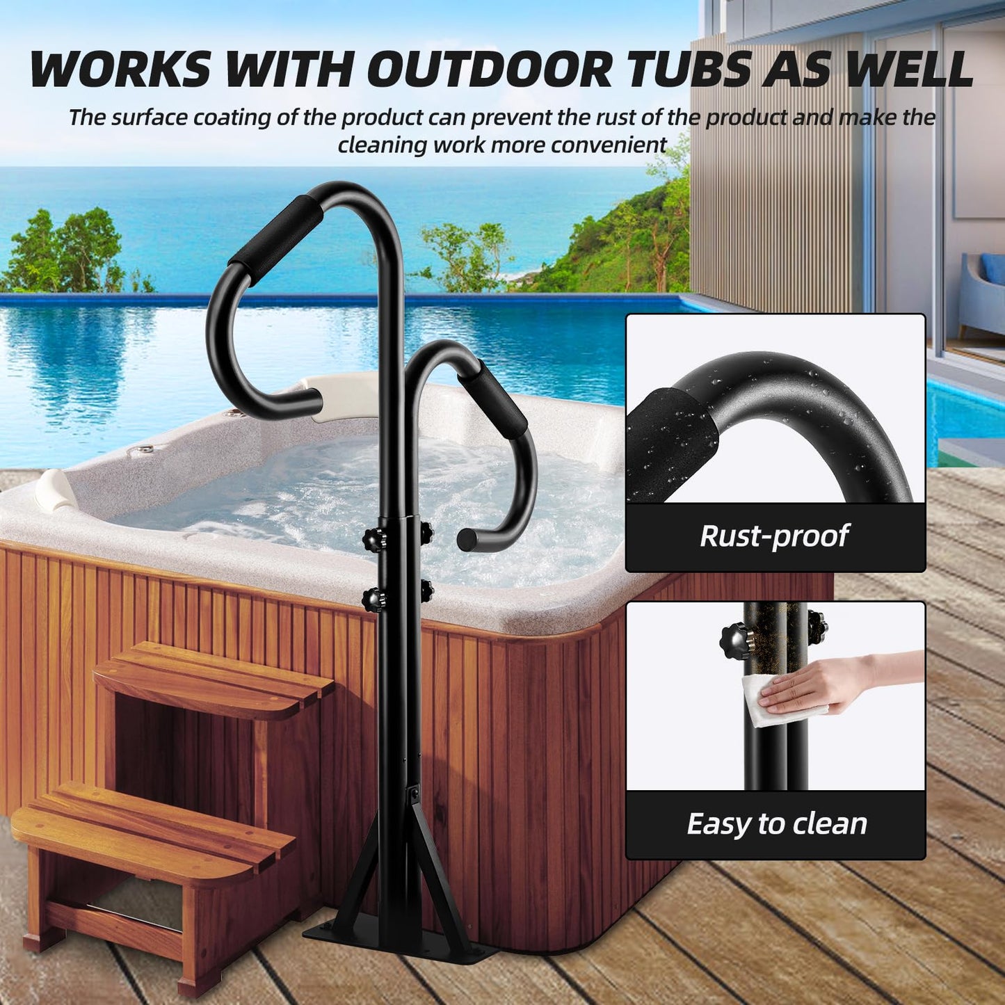 Hot Tub Handrails, Adjustable 45-53" Height with 360 Swivel, SPA Safety Railing,Inside and Outside Two-Way handrails, Indoor/Outdoor, Black Patent Pending