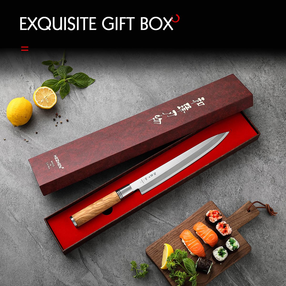 HEZHEN 240mm Sashimi Knife,Sushi Yanagiba Knife,Olive Wood Handle With Wooden Knife Case