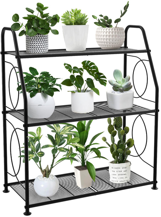 VyGrow Plant Stand, 3 Tier Plant Shelf for Indoor Outdoor, Heavy Duty Metal Outdoor Plant Stand Holder Rack for Living Room Balcony and Garden, Black