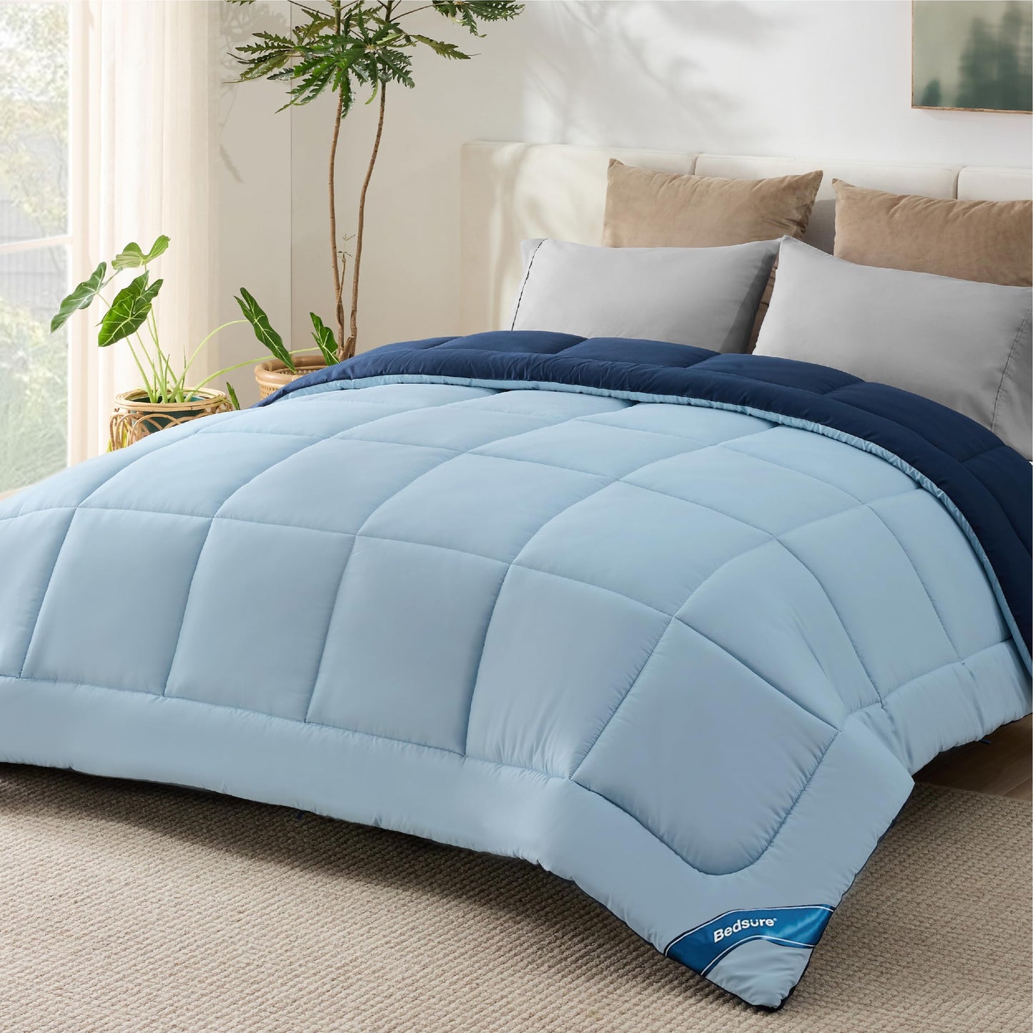 Bedsure Full Reversible Comforter Duvet Insert - All Season Quilted Comforters Full Size, Down Alternative Full Size Bedding Comforter with Corner Tabs - Blue/Light Blue