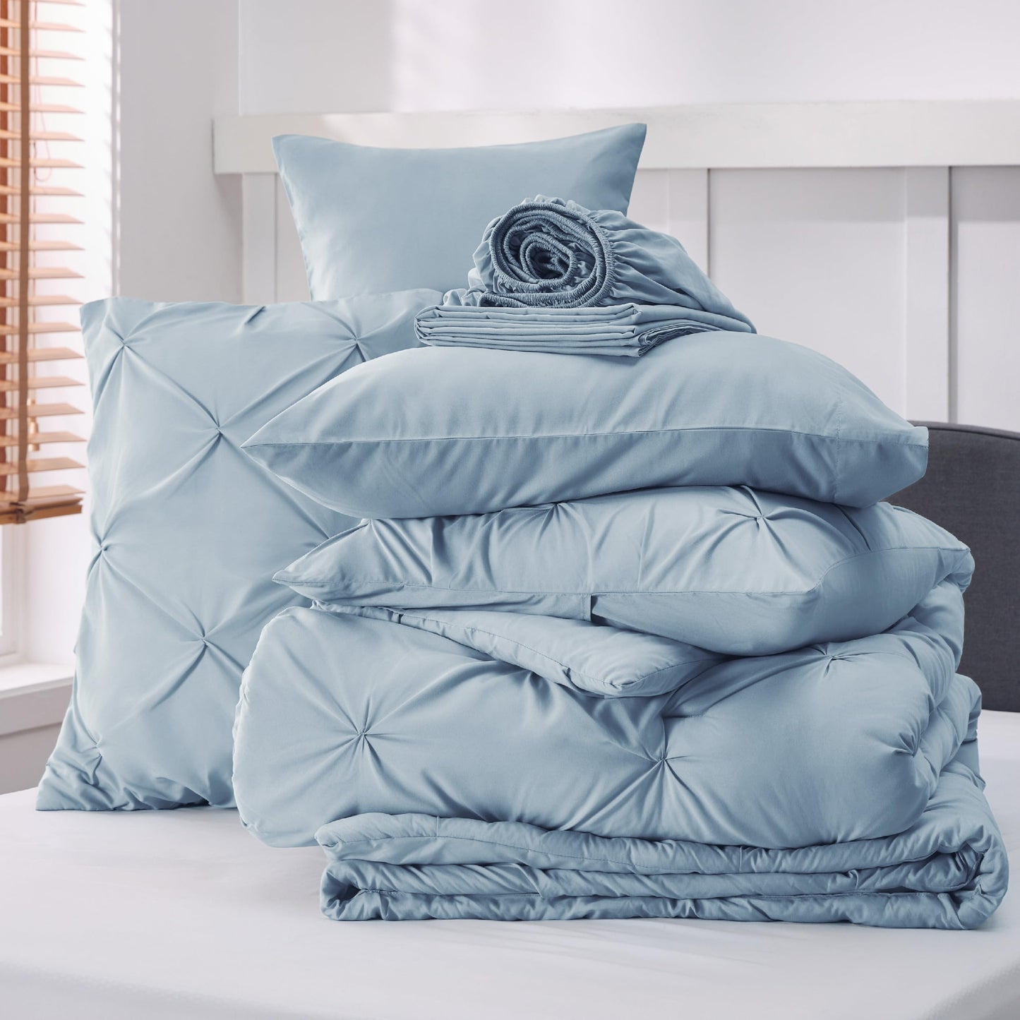 Bedsure Queen Comforter Set Light Blue - Bed in a Bag Queen 7 Pieces, Pintuck Bedding Sets Gift for Christmas, Pinch Pleat Bed Set with Comforter, Sheets, Pillowcases & Shams