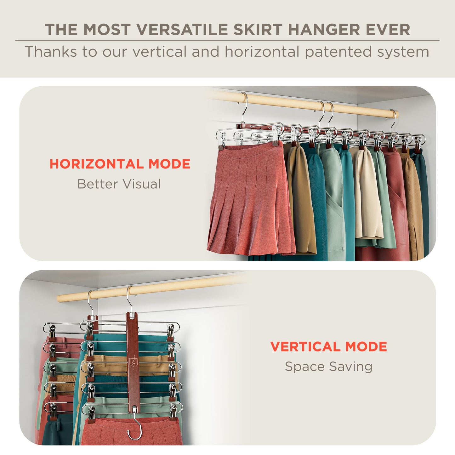 MORALVE Skirt Hangers Space Saving - European Beechwood Shorts Hangers & Skirt Hangers - Women Space Saving Skirt Hangers with Clips - Closet Organizers & Storage 5 Tier Skirt Hanger Skirt Organizer