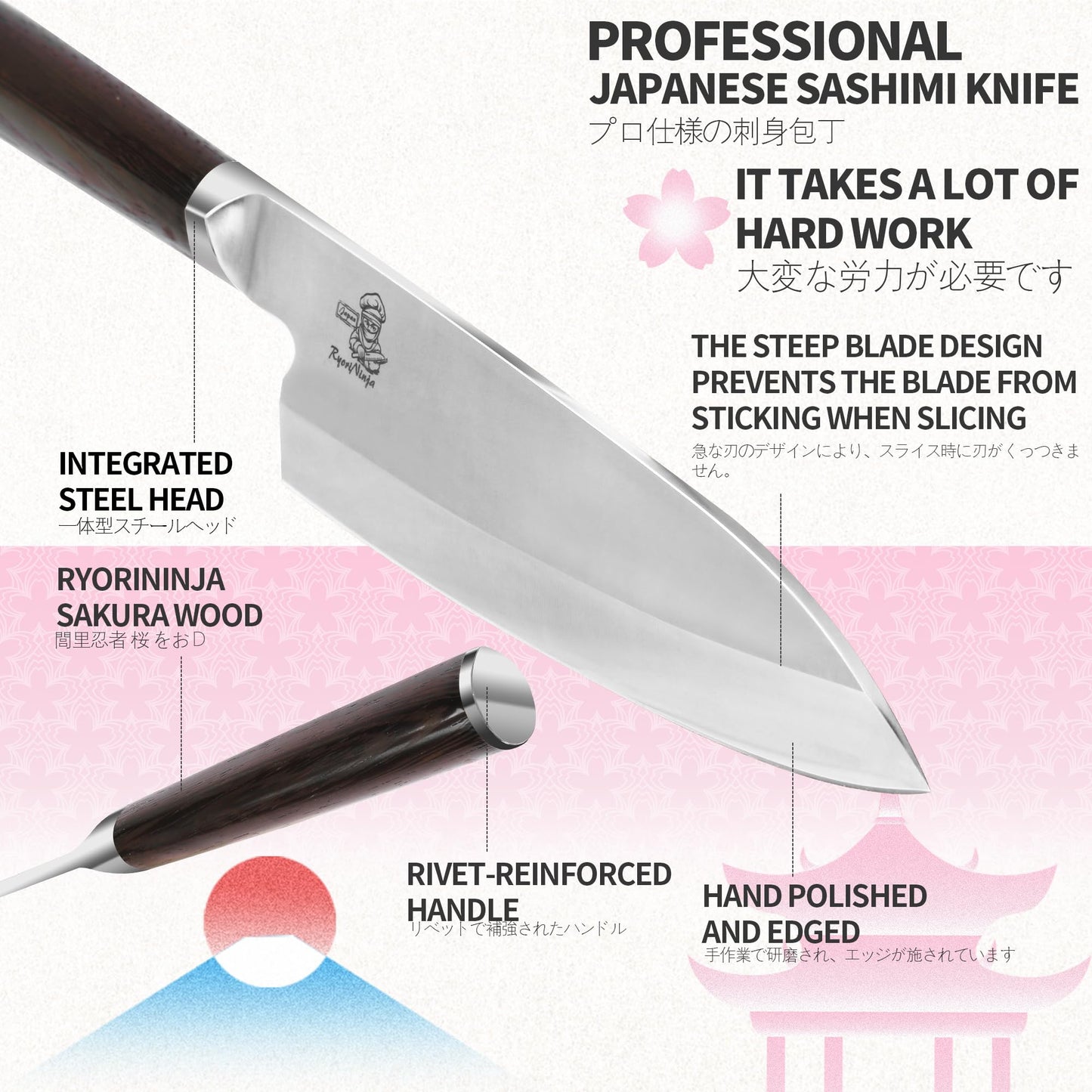 RyoriNinja Dexter Deba Knife 8inch Japanese Steel Kitchen Chef Knife, Professional stainless Steel Fish Fillet Knife for cooking with Gift Box for Men and Women(8 inch)