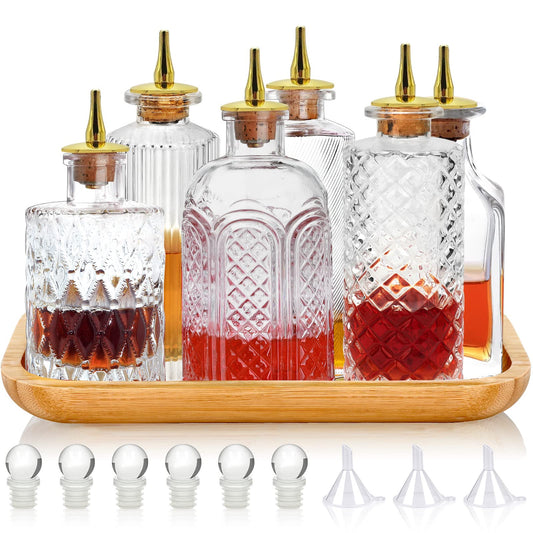 LINALL Bitters Bottle Set of 6 - Glass Vintage Bottles with Tray Decorative Bottles with Dash Top and Bottle Stopper Dasher Bottles for Making Cocktail Great For Bartender Home Bar