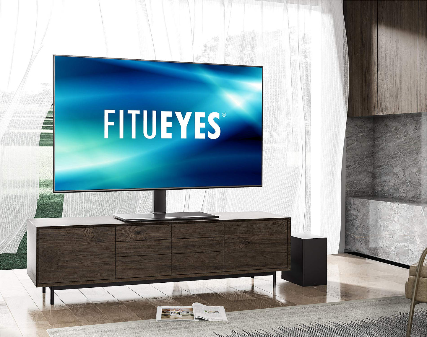 FITUEYES Universal TV Stand with Swivel Mount for 50-85 inch Flat Screens - Height Adjustable Tempered Glass Base Holds up to 143 lbs