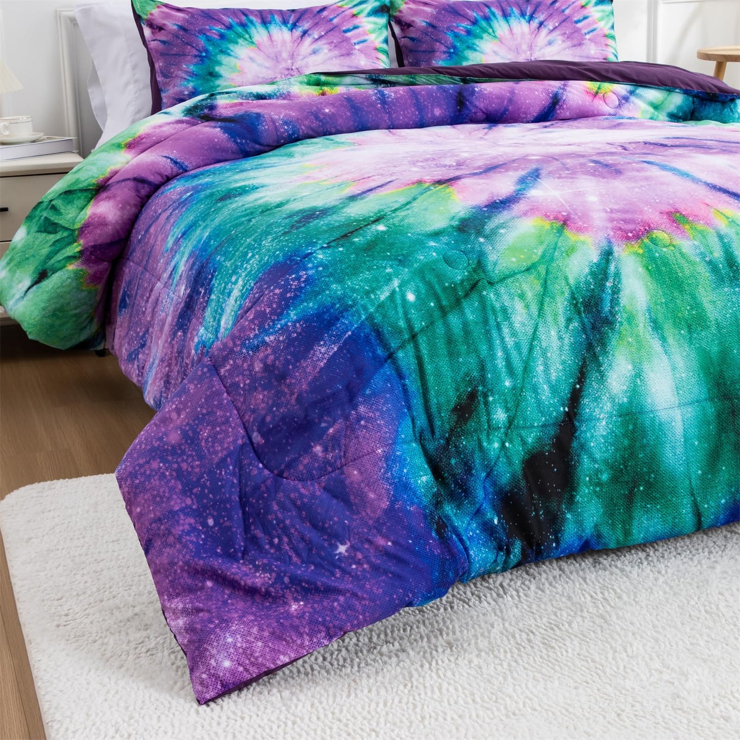 A Nice Night Bedding Tie Dye Galaxy Comforter Set, Psychedelic Swirl Pattern Colorful Boho, for Boys Girls Bedding Sets Purple, Twin