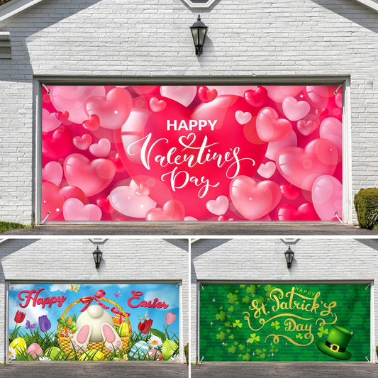 SmoothNovelty 3 Piece Happy Valentine's Day Garage Door Banner Decorations St. Patrick's Day Garage Door Banner Cover Easter Garage Door Cover for Valentine's Day Indoor Outdoor Home Party 6 x 13 ft