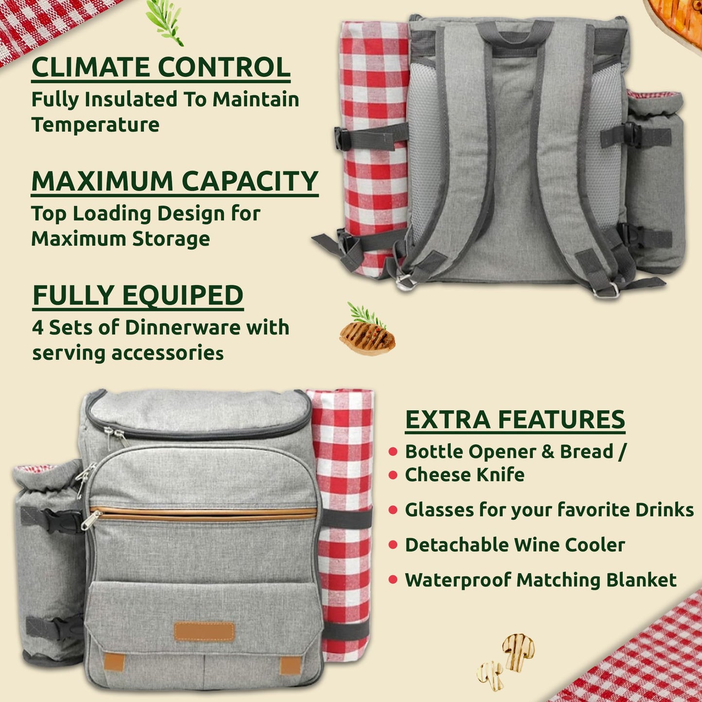 Nature Gear Large Picnic Backpack, Insulated Bag with Detachable Wine Cooler & Picnic Blanket, Includes Dinnerware Set for 4 & Picnic Accessories, Waterproof Outdoor Travel Backpack for Beach, Red