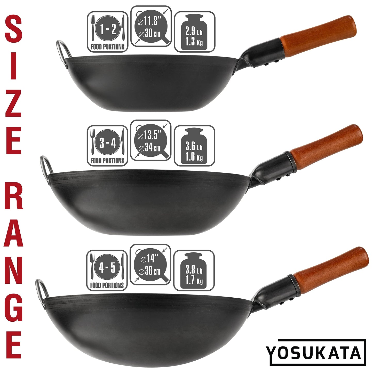 YOSUKATA Carbon Steel Wok Pan – 13,5 “ Stir Fry Pans - Chinese Wok with Flat Bottom Pow Wok - Traditional Japanese Woks - Black Carbon Steel