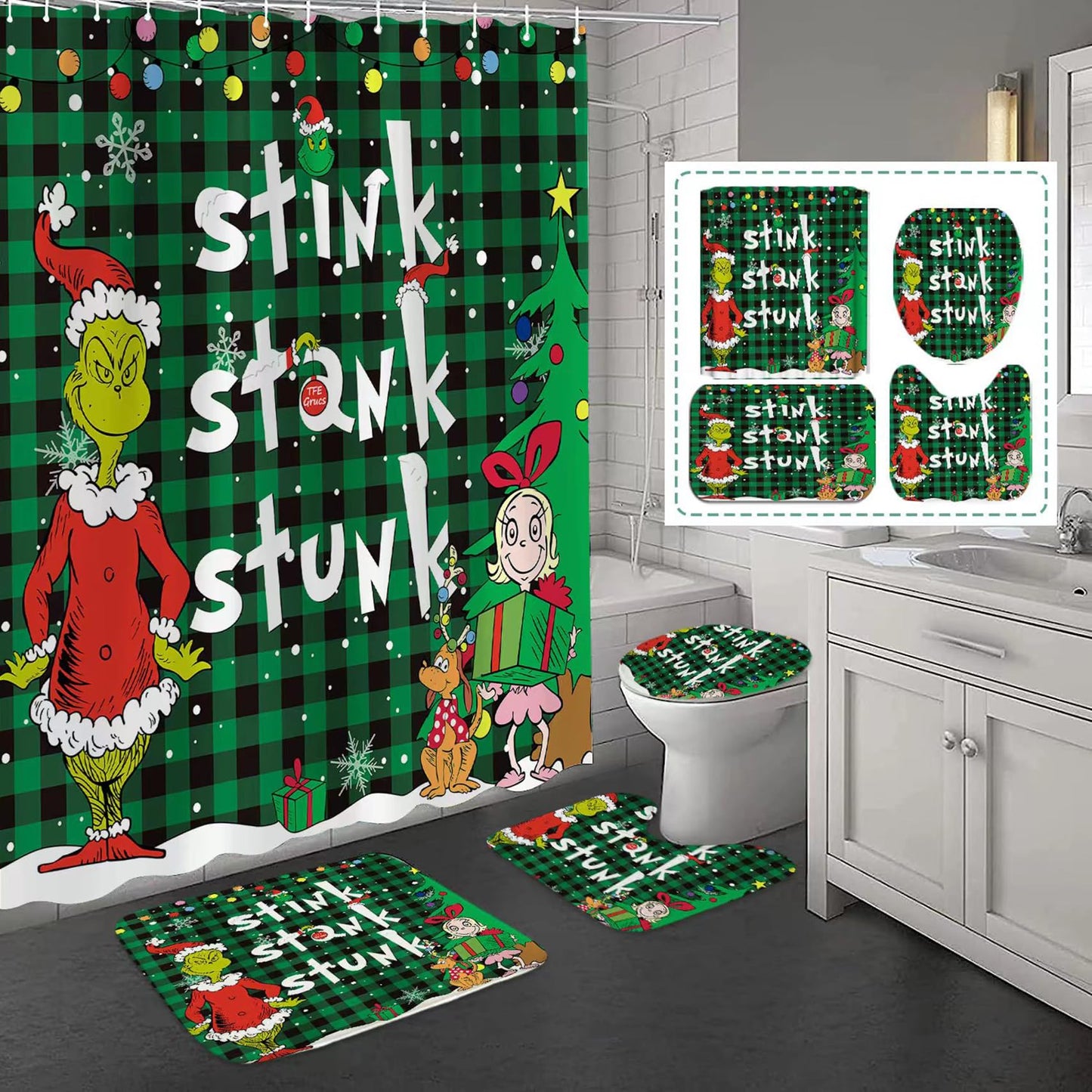 LIN&BABAY 4Pcs Christmas Shower Curtain Set, Christmas Bathroom Sets with Non-Slip Rugs, Toilet Lid Cover and Bath Mat, Christmas Holiday Bathroom Decor with Hooks 71'' x 71'' (Green)