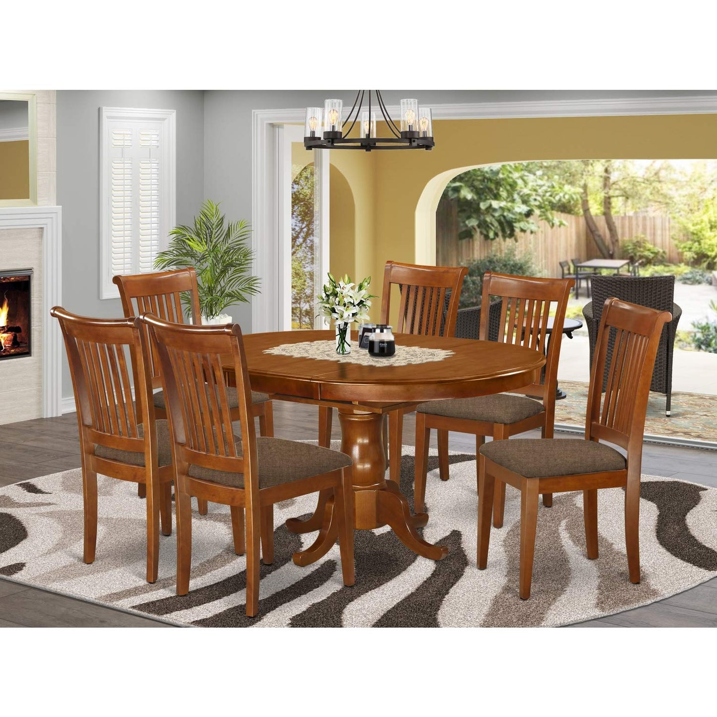 East West Furniture PORT7-SBR-C 7 Piece Dining Table Set Consist of an Oval Dining Room Table with Butterfly Leaf and 6 Linen Fabric Upholstered Chairs, 42x60 Inch, Saddle Brown