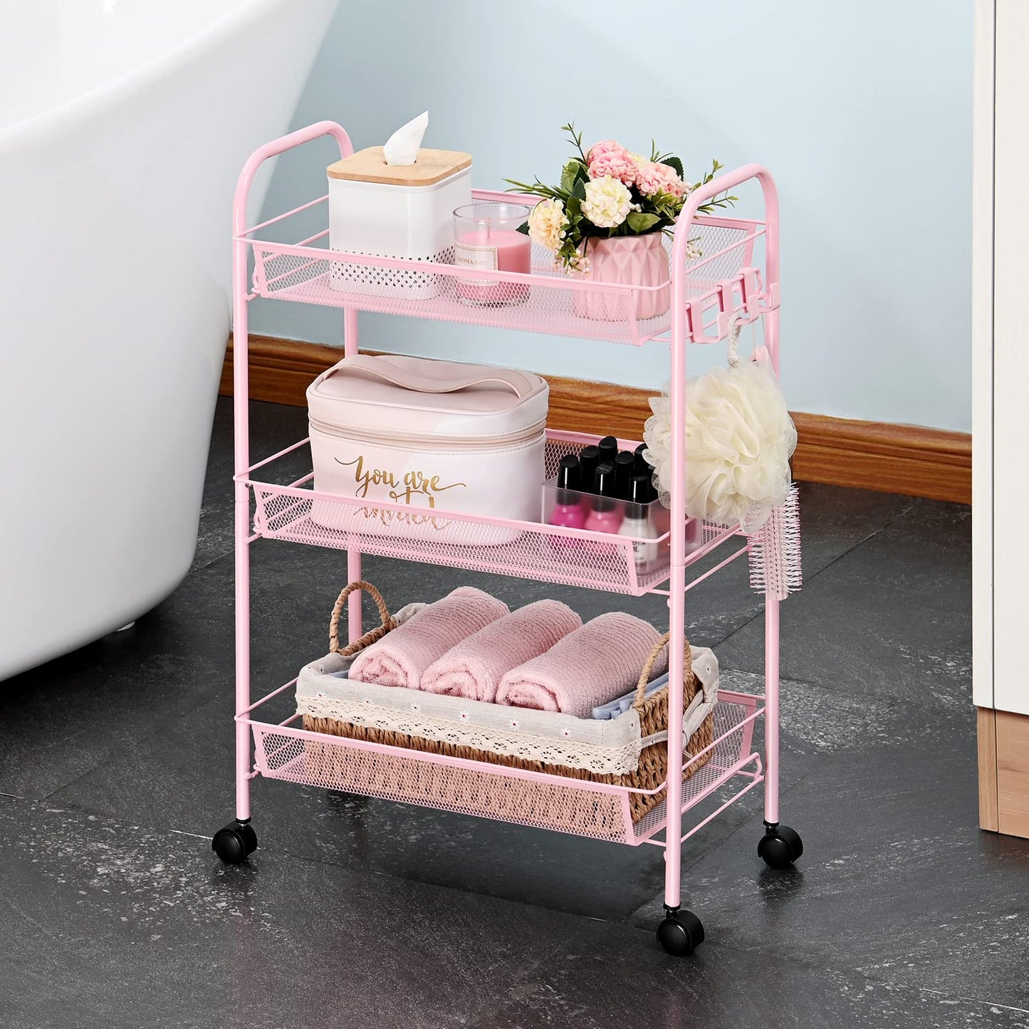 TOOLF 3-Tier Metal Rolling Cart, Mesh Wire Easy Assemble Utility Cart, Storage Trolley on Wheels with 3 Hooks, MetalStorage Shelving Units for Kitchen Bathroom Laundry Room