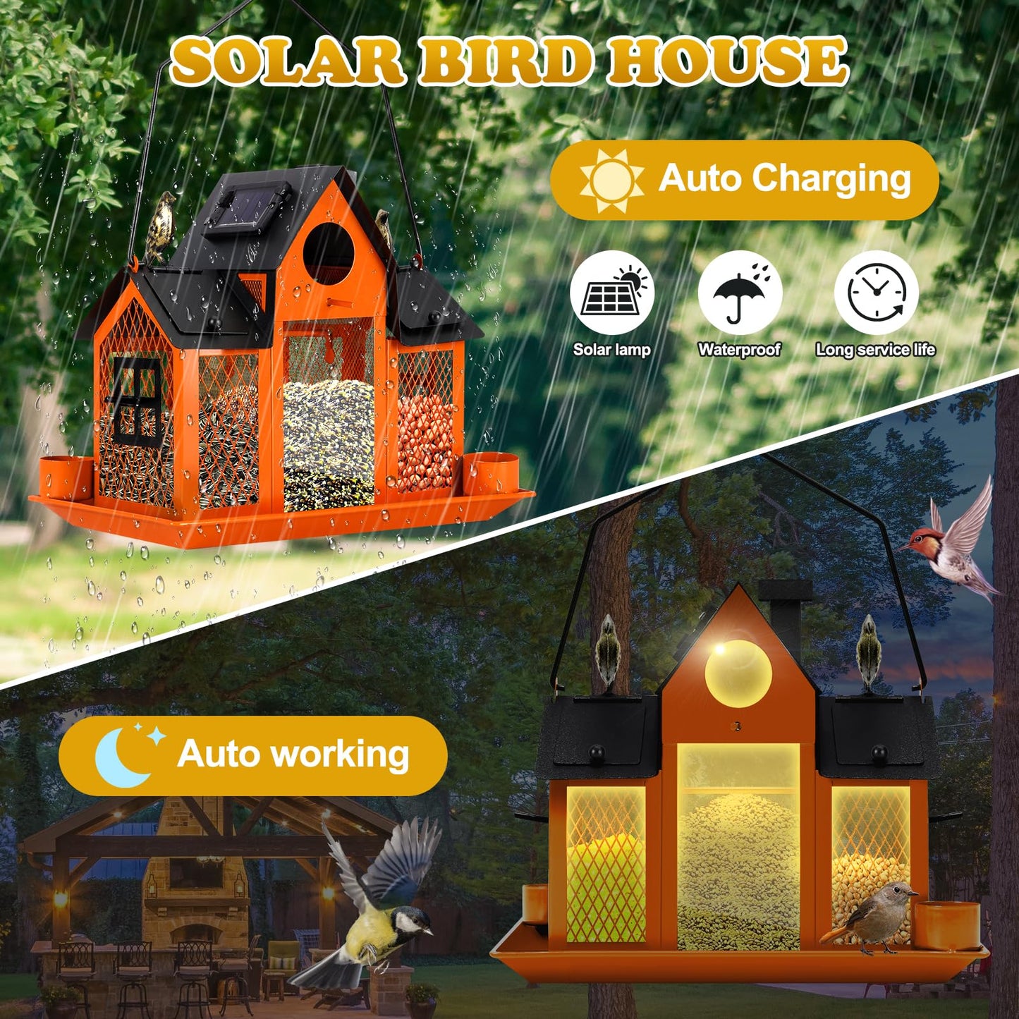 Solar Bird Feeders House for Outside Hanging, Metal Wild Bird Feeder for Outdoors Large Capacity Cardinal Birdfeeder Birdhouses Metal Bird Feeding Station Orange