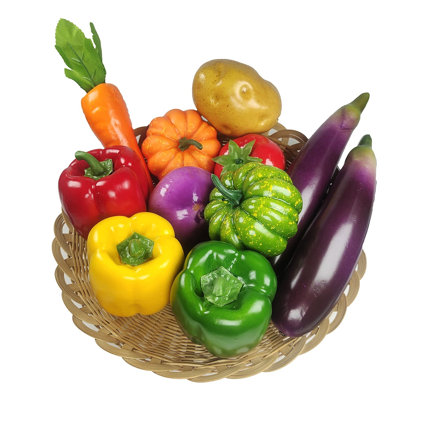 Laiiqi 11 Pcs Artificial Vegetables, Faux Fake Mixed Vegetables Decoration Home Kitchen Realistic Fake Food Display Veggies Set Faux Eggplant, Bell Peppers, Small Pumpkin, Radishes