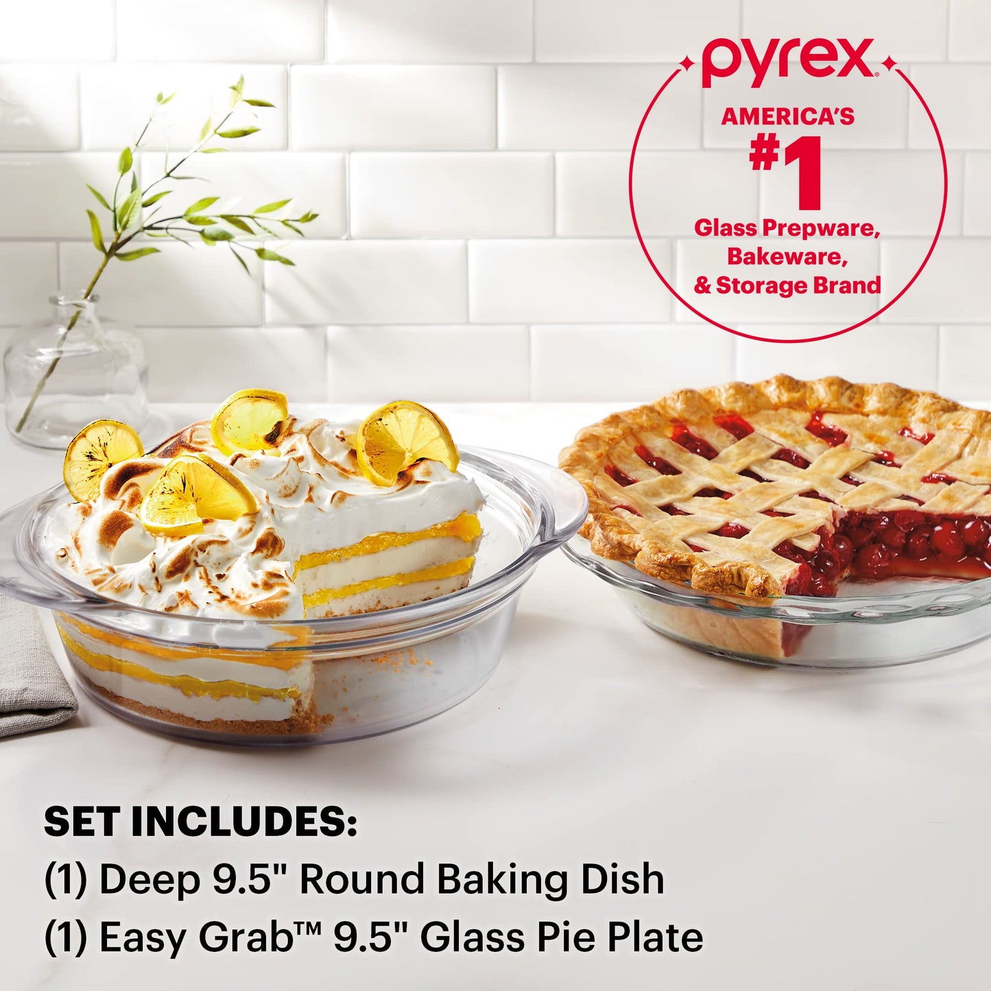 Pyrex Deep 2-Piece 9.5" Glass Baking Dish Set, Glass Bakeware Set, Dishwasher, Microwave, Freezer and Pre-Heated Oven Safe, Deep & Easy Grab
