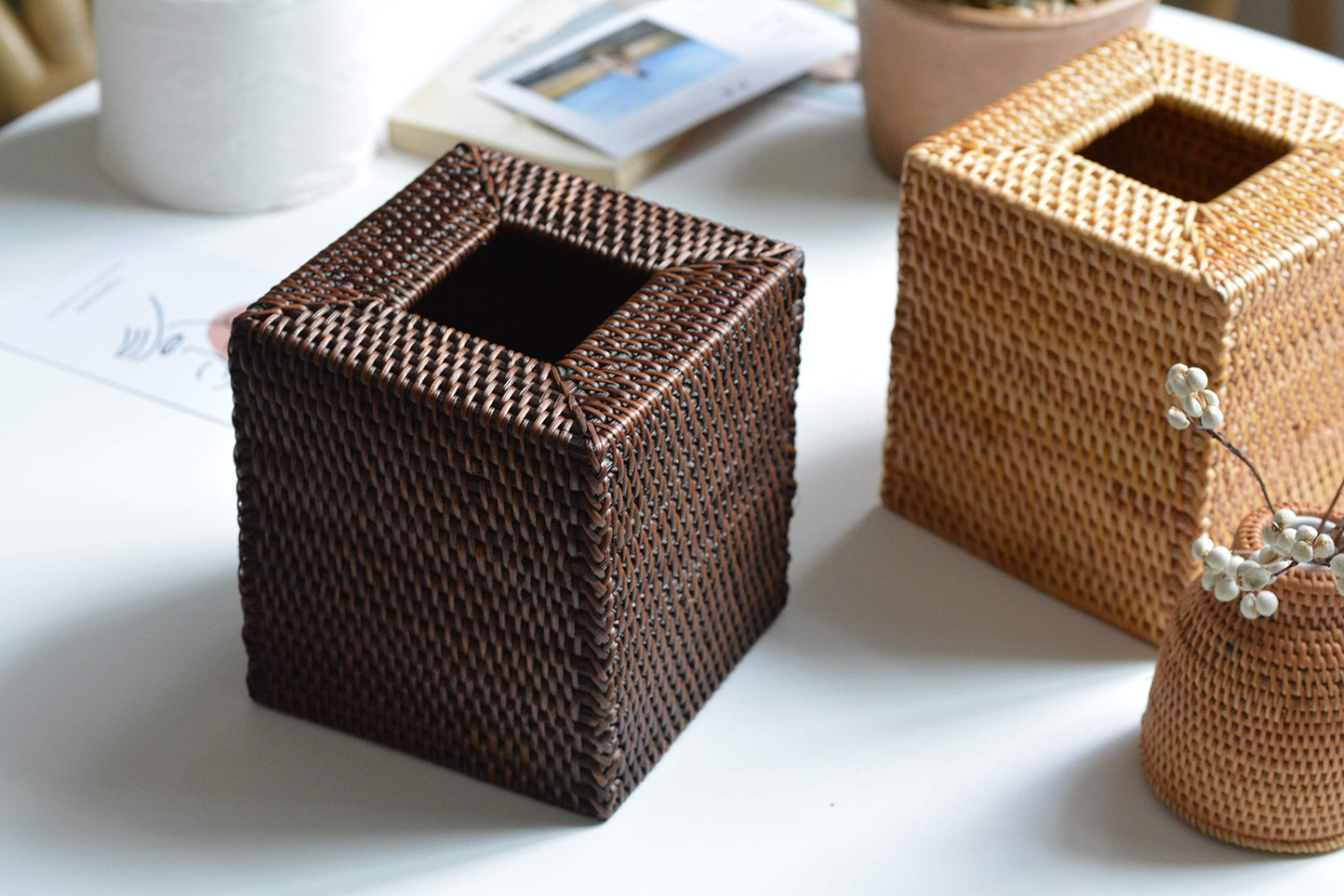 Rattan Tissue Box Cover Square, Hand Woven Wicker Tissue Holder, 5.5 x 5.5 X 5.7 inch, Natural