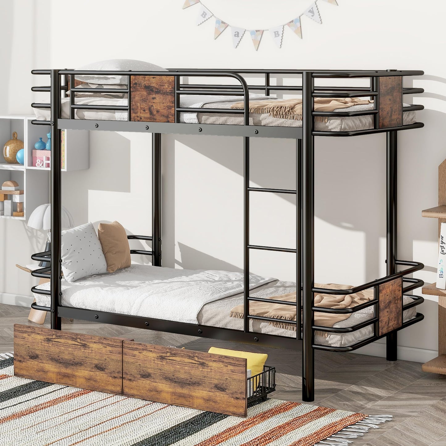 Bunk Bed Twin XL Over Twin XL, Metal Bunk Bed with Storage Drawers and MDF Board Guardrail, Modern Industrial Bunk Bed for Kids Boys Girls Teens, Black