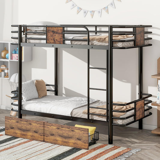 Bunk Bed Twin XL Over Twin XL, Metal Bunk Bed with Storage Drawers and MDF Board Guardrail, Modern Industrial Bunk Bed for Kids Boys Girls Teens, Black