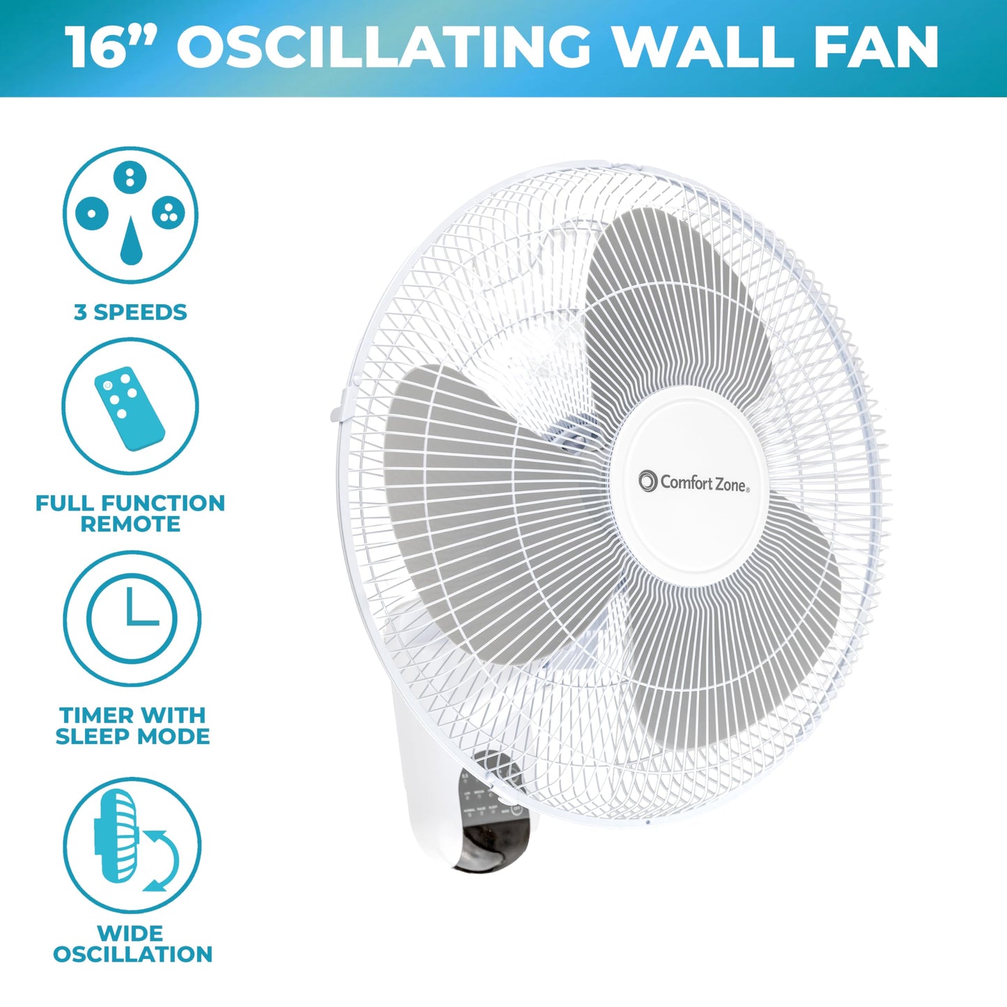 Comfort Zone 16" Quiet 3-Speed Wall Mount Fan with Remote Control, Timer and Adjustable Tilt, Ideal for Home, Bedroom, Gym & Office, CZ16WR