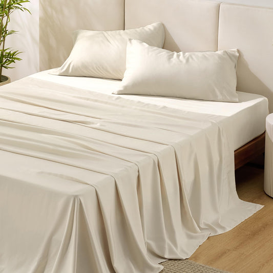 Bedsure King Size Sheet Set, Cooling Sheets King, Rayon Derived from Bamboo, Deep Pocket Up to 16", Breathable & Soft Bed Sheets, Hotel Luxury Silky Bedding Sheets & Pillowcases, Light Beige