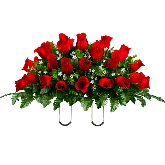 Sympathy Silks Artificial Cemetery Flowers - Mothers Day Flowers - 30" Ruby Red Roses Saddle for Headstone Decoration