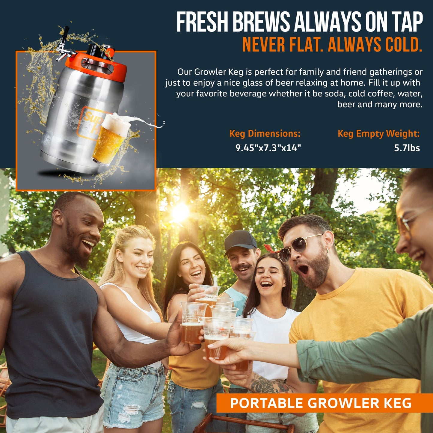 SuperHandy Beer Keg Growler (170 oz) Portable Carbonated Beverage Dispenser, PSI Regulator Cap, High-Capacity 1.3 Gal, Double-Wall Vacuum Insulation (CO2 Cartridges Included)