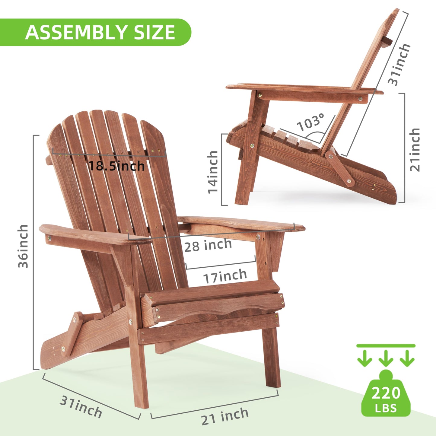 Outdoor Wooden Folding Adirondack Chair Set of 2 with Pre-Assembled BackRest, Wood Patio Chair for Garden Backyard Porch Pool Deck Firepit