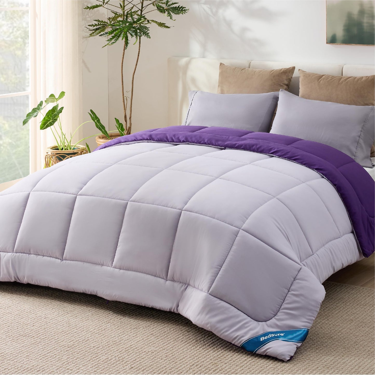 Bedsure Queen Reversible Comforter Duvet Insert - All Season Quilted Comforters Queen Size, Down Alternative Queen Size Bedding Comforter with Corner Tabs - Plum/Light Purple