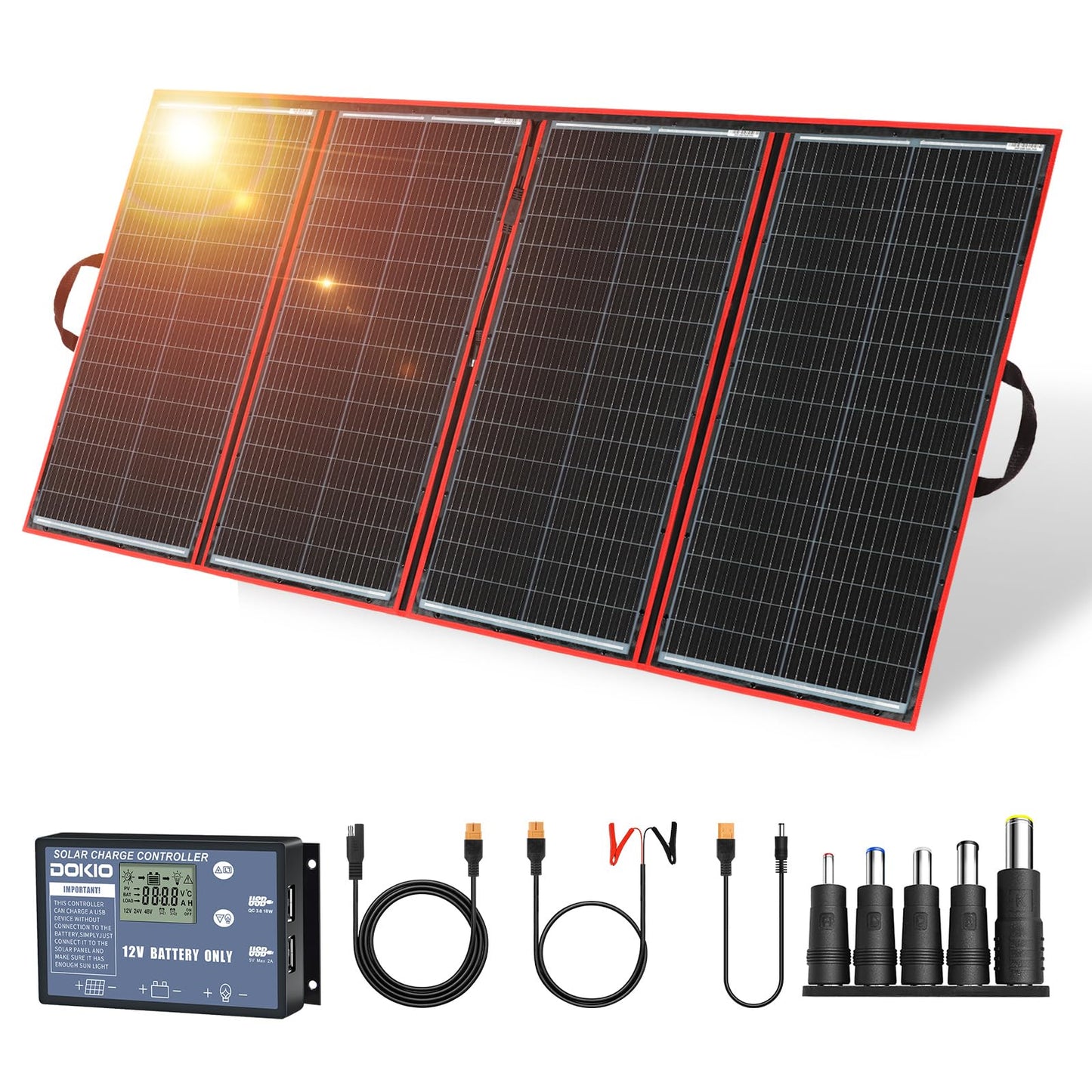 DOKIO 300w 18v Portable Foldable Solar Panel Kit (21x41inch, 17lb) Solar Charger with Controller 2 USB Output to Charge 12v Batteries/Power Station (AGM, Lifepo4) Rv Camping Trailer Emergency Power………