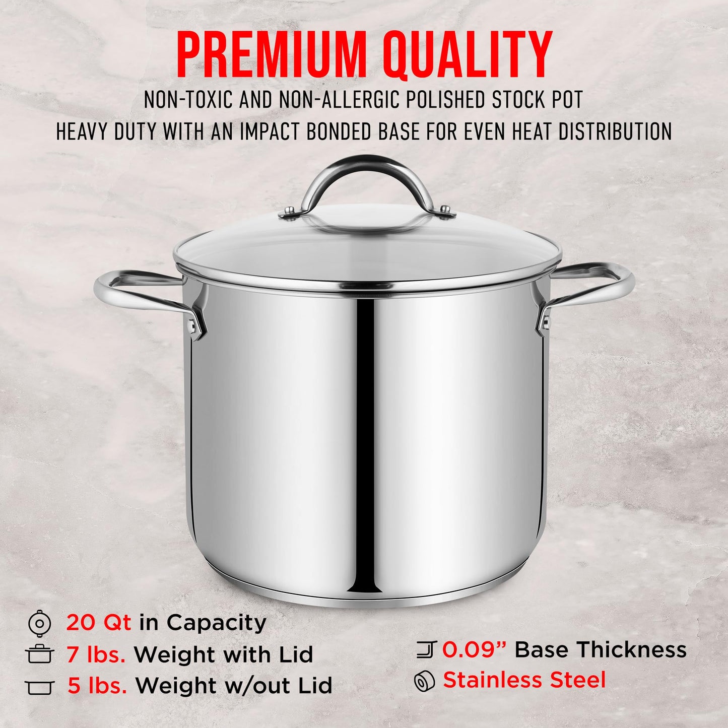 Bakken-Swiss Deluxe 20-Quart Stainless Steel Stockpot w/Tempered Glass See-Through Lid - Simmering Delicious Soups Stews & Induction Cooking - Exceptional Heat Distribution - Heavy-Duty & Food-Grade